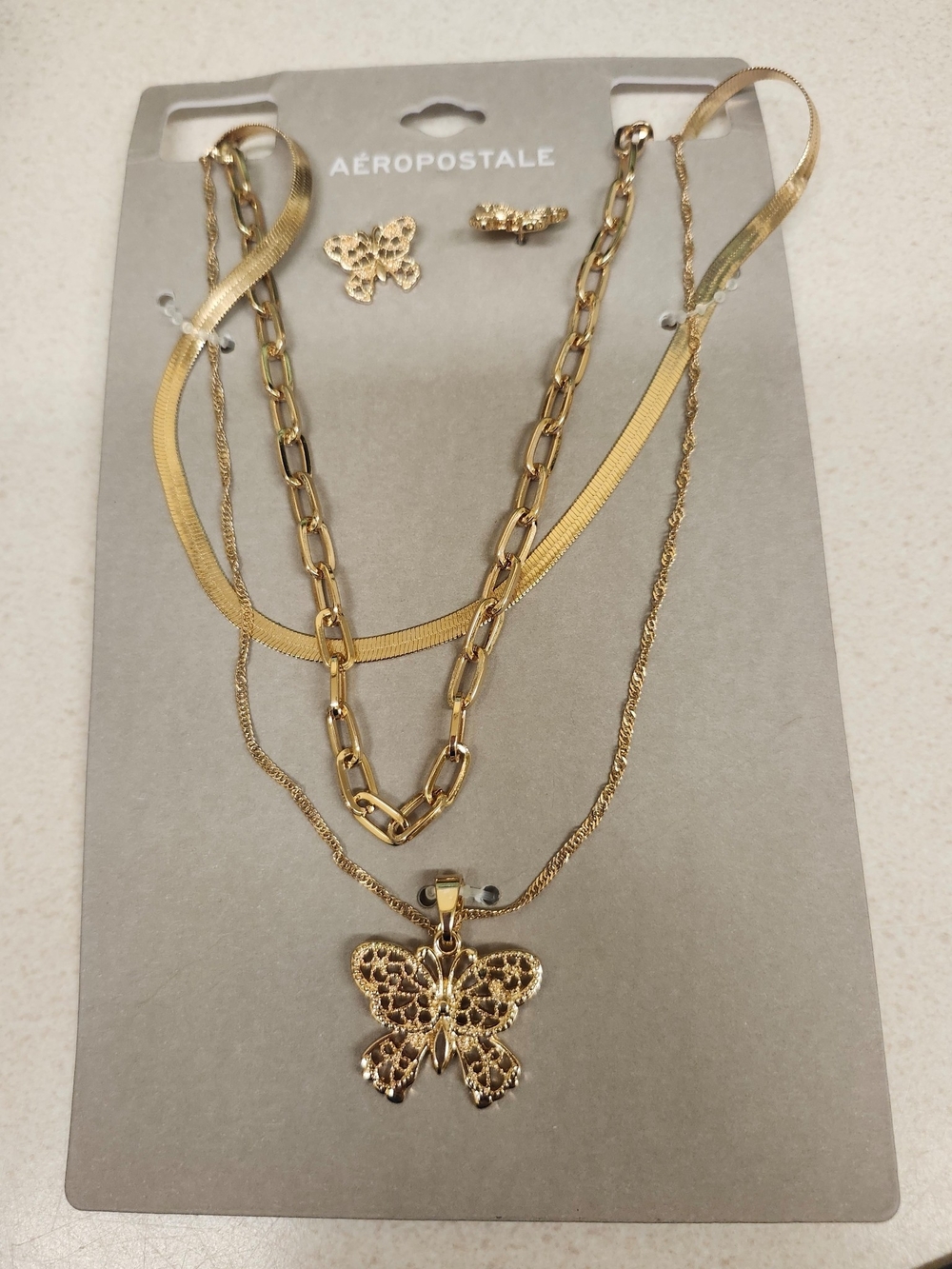Aeropostale Layered Butterfly Pendant Necklace Gold NWT